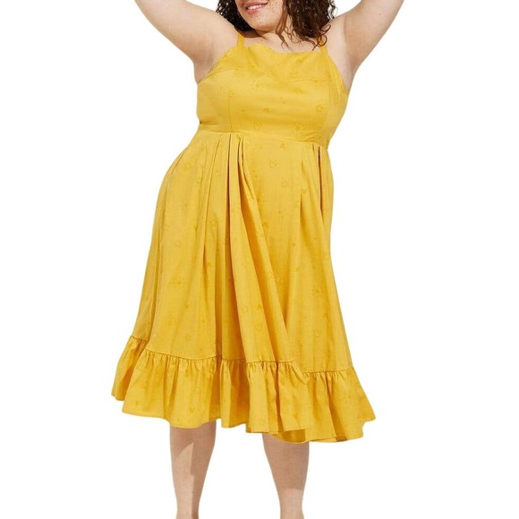 NWT! Torrid Disney Yellow Mickey Mouse Embroidery Midi Strappy Skater Dress 5x - Picture 1 of 4